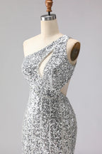 Stylish Mermaid One-Shoulder Cut Out Sequin Silver Prom Dress With Fringe