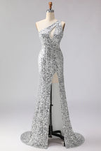Stylish Mermaid One-Shoulder Cut Out Sequin Silver Prom Dress With Fringe