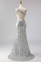 Stylish Mermaid One-Shoulder Cut Out Sequin Silver Prom Dress With Fringe