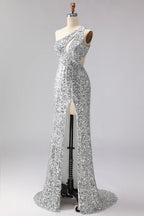 Stylish Mermaid One-Shoulder Cut Out Sequin Silver Prom Dress With Fringe