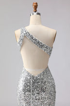 Stylish Mermaid One-Shoulder Cut Out Sequin Silver Prom Dress With Fringe