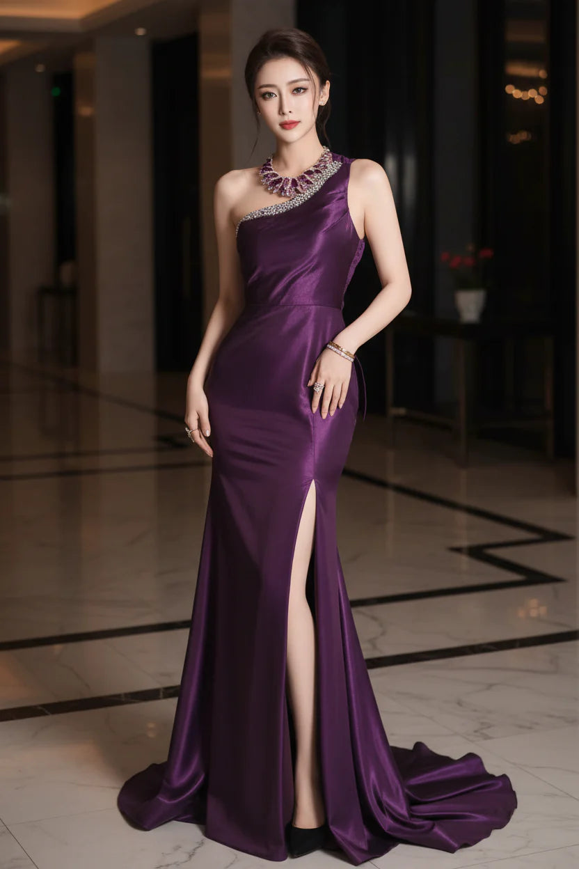 Mermaid One Shoulder Beaded Satin Purple Prom Dress With High Slit For Glamorous Prom Queens