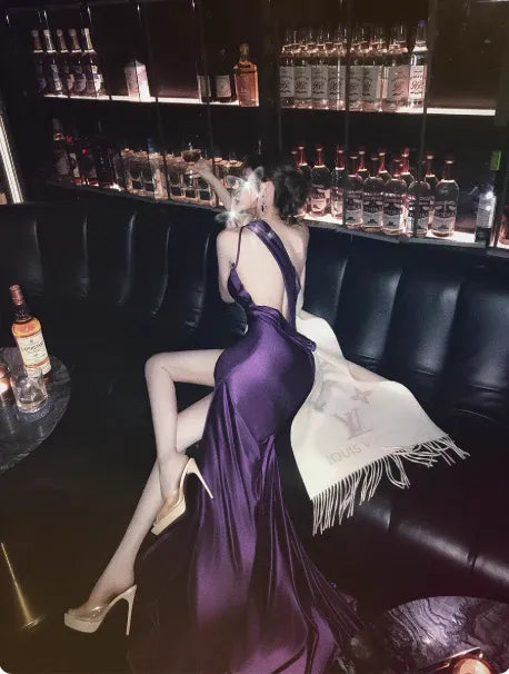 Mermaid One Shoulder Beaded Satin Purple Prom Dress With High Slit For Glamorous Prom Queens
