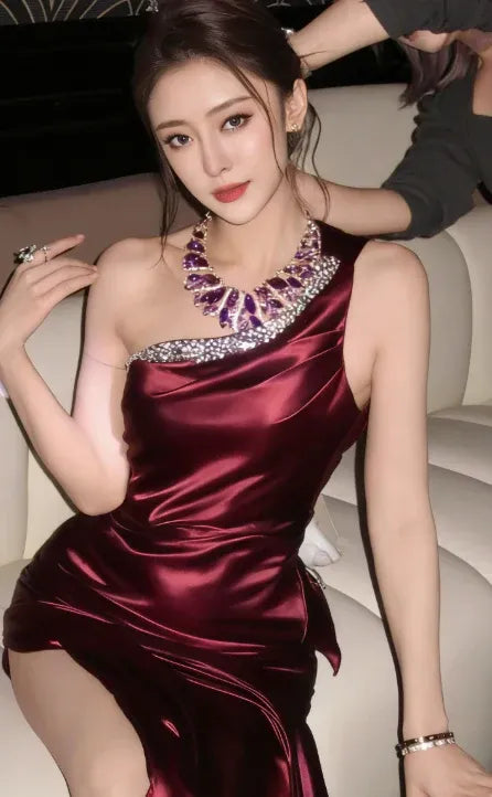 Mermaid One Shoulder Beaded Satin Purple Prom Dress With High Slit For Glamorous Prom Queens