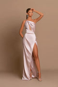 Mermaid Prom Dress With One Shoulder Cutout And High Slit In Blush Satin For Elegant Prom Nights