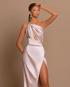 Mermaid Prom Dress With One Shoulder Cutout And High Slit In Blush Satin For Elegant Prom Nights