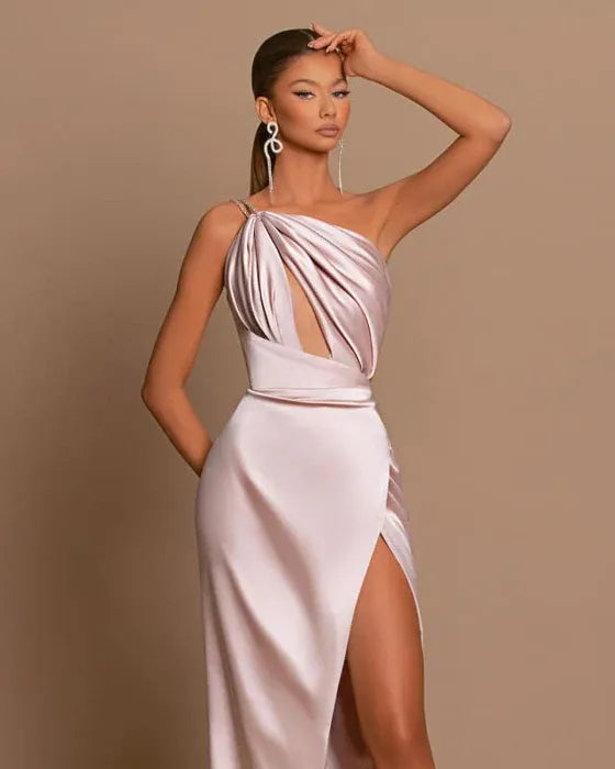 Mermaid Prom Dress With One Shoulder Cutout And High Slit In Blush Satin For Elegant Prom Nights