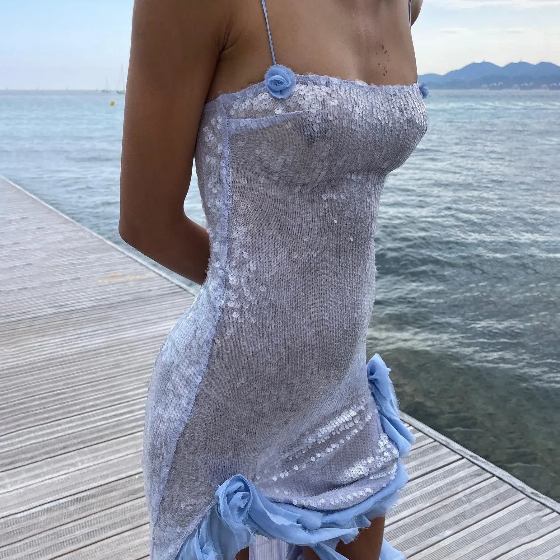 Light Blue Mermaid Spaghetti-Strap Ruffled Sequins Light Floor-Length Prom Dress