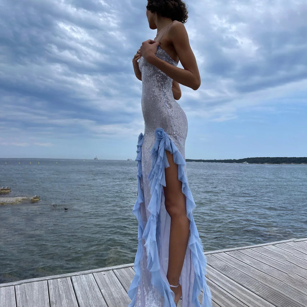 Light Blue Mermaid Spaghetti-Strap Ruffled Sequins Light Floor-Length Prom Dress