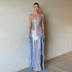 Light Blue Mermaid Spaghetti-Strap Ruffled Sequins Light Floor-Length Prom Dress