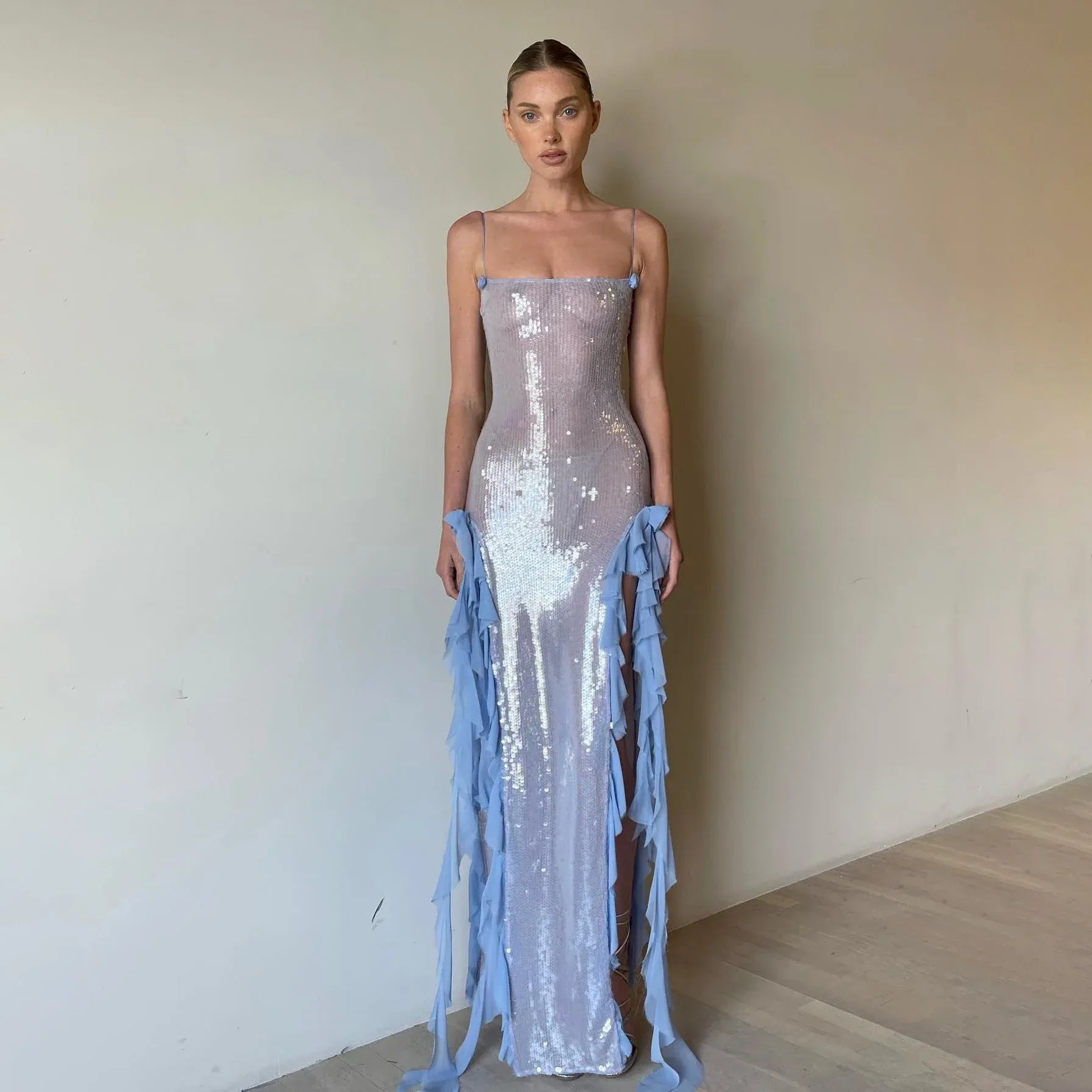 Light Blue Mermaid Spaghetti-Strap Ruffled Sequins Light Floor-Length Prom Dress