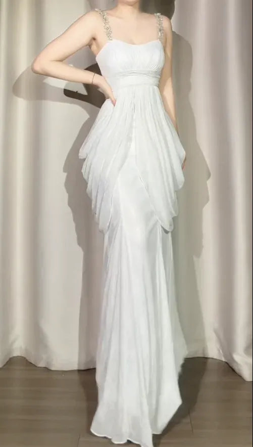 Mermaid Prom Dress With Beaded Spaghetti Straps Ruched Chiffon Floor Length Gown For Prom Queens