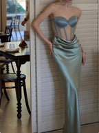Mermaid Prom Dress Sage Satin Strapless Corset Bodice Ruched Showstopping Glamour Floor Length For Prom Queens