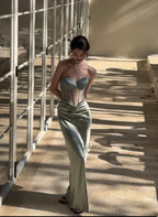 Mermaid Prom Dress Sage Satin Strapless Corset Bodice Ruched Showstopping Glamour Floor Length For Prom Queens