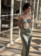 Mermaid Prom Dress Sage Satin Strapless Corset Bodice Ruched Showstopping Glamour Floor Length For Prom Queens