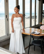 Mermaid Strapless Prom Dress With Satin Bodice And Mesh Godet In White For Glam Prom Queens