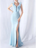 Stylish Mermaid V-Neck Ruffle Sky Blue Maxi Prom Dress With Slit