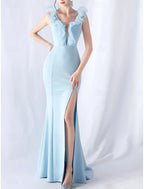 Stylish Mermaid V-Neck Ruffle Sky Blue Maxi Prom Dress With Slit