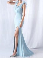 Stylish Mermaid V-Neck Ruffle Sky Blue Maxi Prom Dress With Slit
