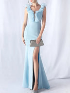 Stylish Mermaid V-Neck Ruffle Sky Blue Maxi Prom Dress With Slit