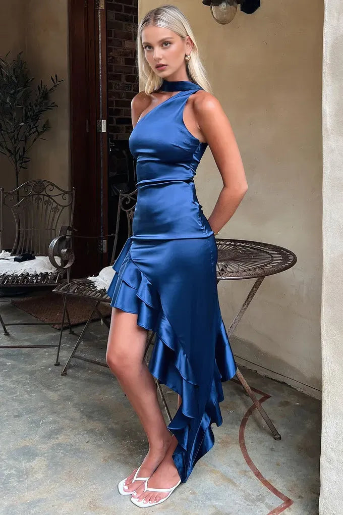 Sheath One Shoulder Sleeveless Ruffles Backless Asymmetrical Length Prom Dress