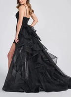 Black Sheath Spaghetti Straps Ruffle Glitter High-Low Homecoming Dress