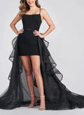Black Sheath Spaghetti Straps Ruffle Glitter High-Low Homecoming Dress