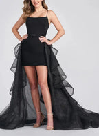 Black Sheath Spaghetti Straps Ruffle Glitter High-Low Homecoming Dress