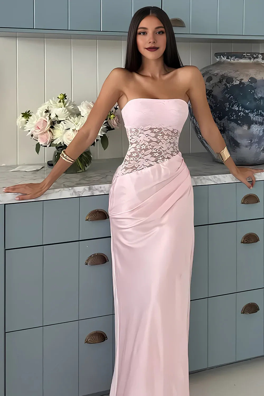 Sheath Strapless Neck Sleeveless Up Floor-Length Prom Dress