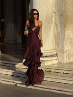 Spaghetti Straps Sleeveless Mermaid Layered Floor-Length Party Dress