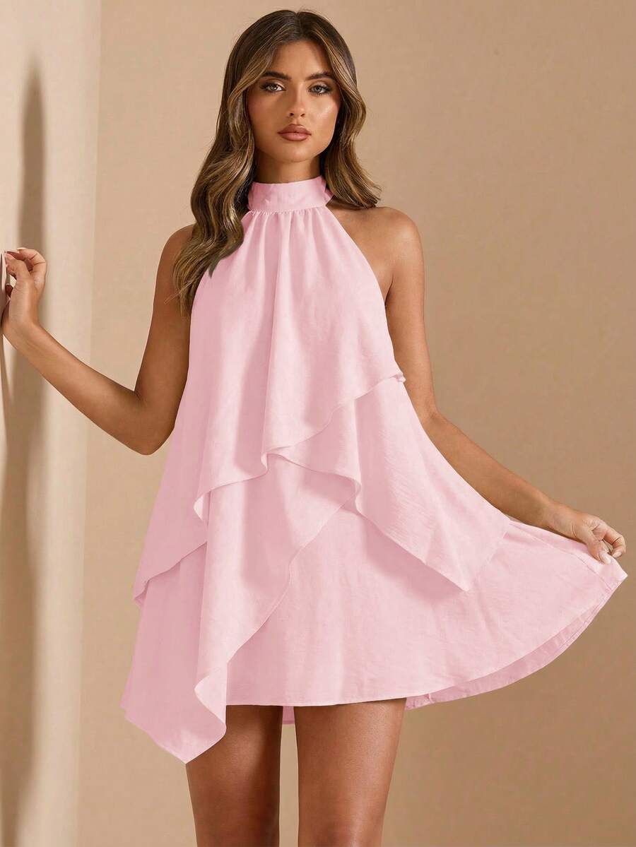 Pink A-Line Halter Neck Asymmetrical Tie Ruffle Pink Mini Homecoming Dress