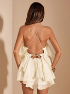 Cream A-Line Halter Ruffled Tie Up Cream Mini Homecoming Dress