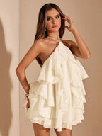 Cream A-Line Halter Ruffled Tie Up Cream Mini Homecoming Dress