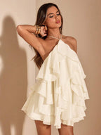 Cream A-Line Halter Ruffled Tie Up Cream Mini Homecoming Dress