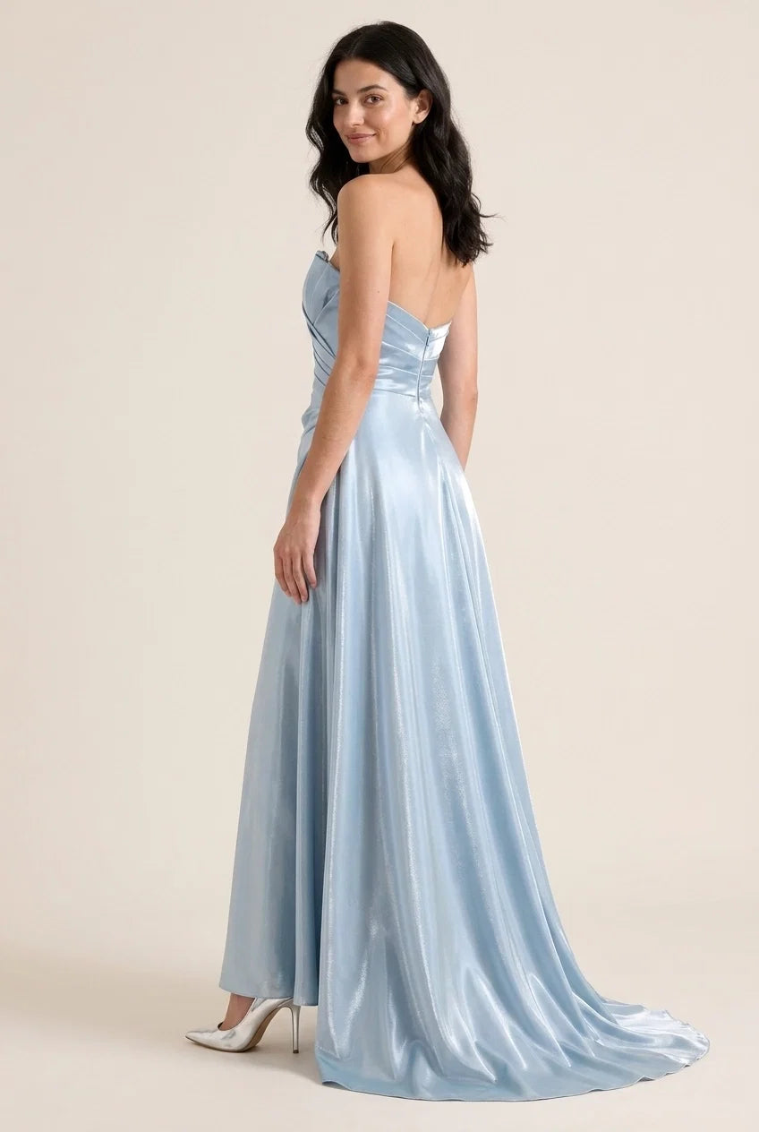 Blue A-Line Strapless Ruched Shimmering Dusty Floor-Length Prom Dress