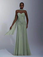 Sage Green A-Line Sweetheart Ruched Floor-Length Prom Dress With Scarf