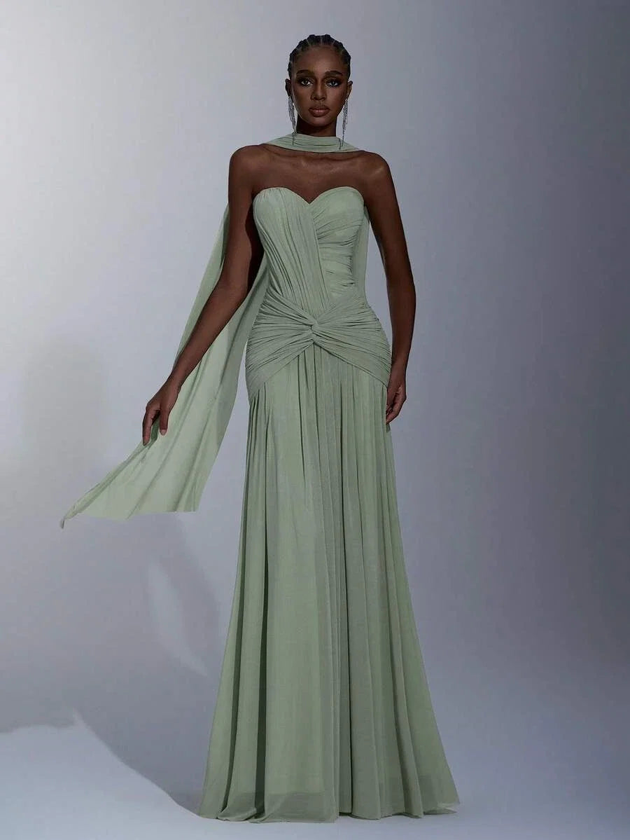 Sage Green A-Line Sweetheart Ruched Floor-Length Prom Dress With Scarf