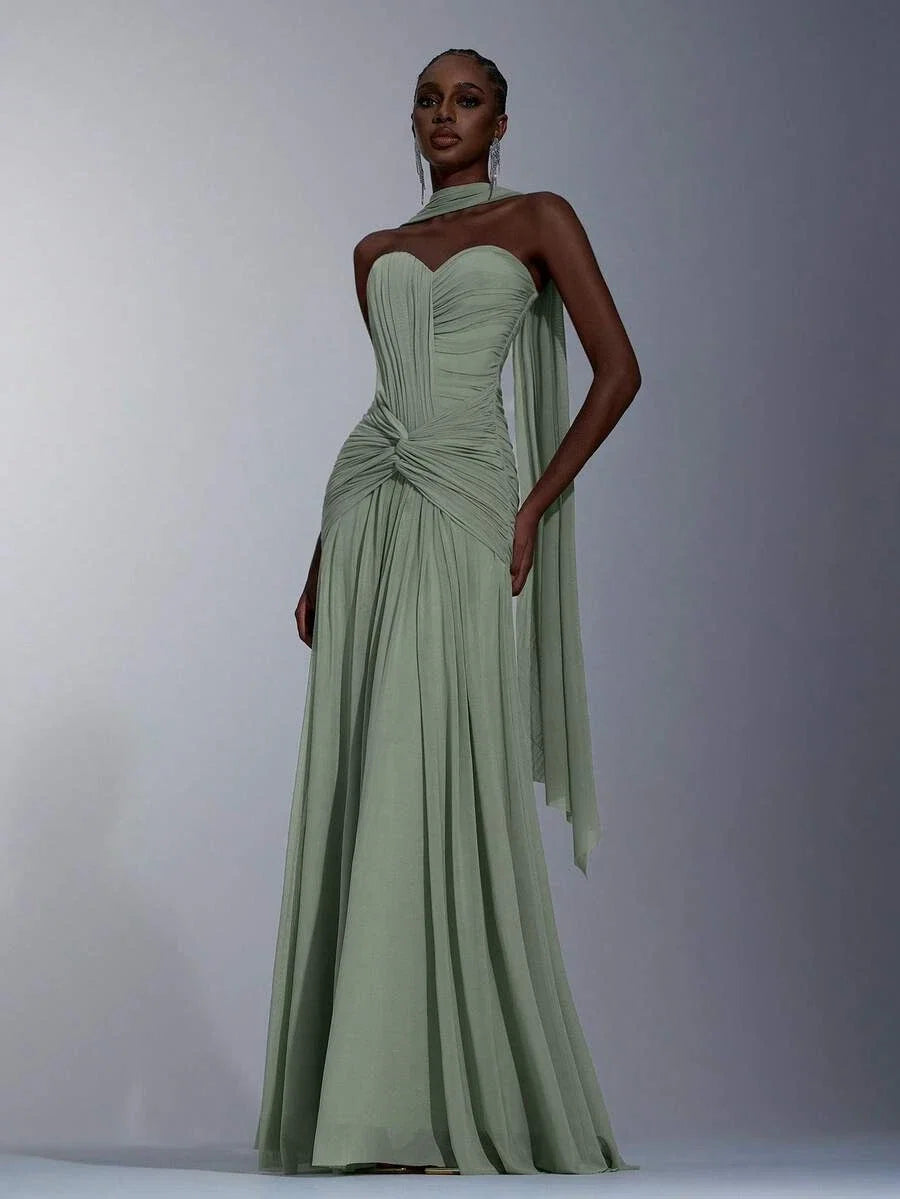 Sage Green A-Line Sweetheart Ruched Floor-Length Prom Dress With Scarf