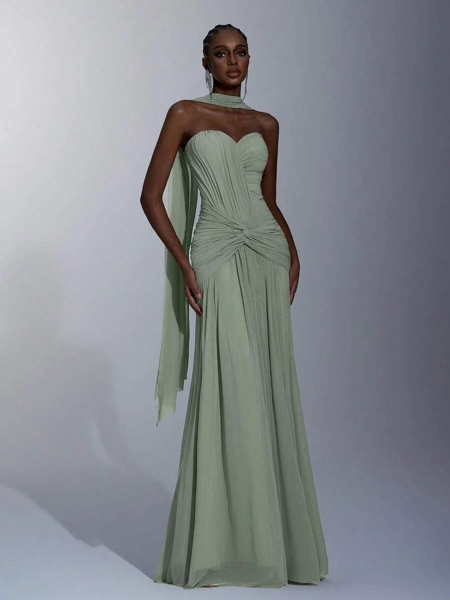 Sage Green A-Line Sweetheart Ruched Floor-Length Prom Dress With Scarf
