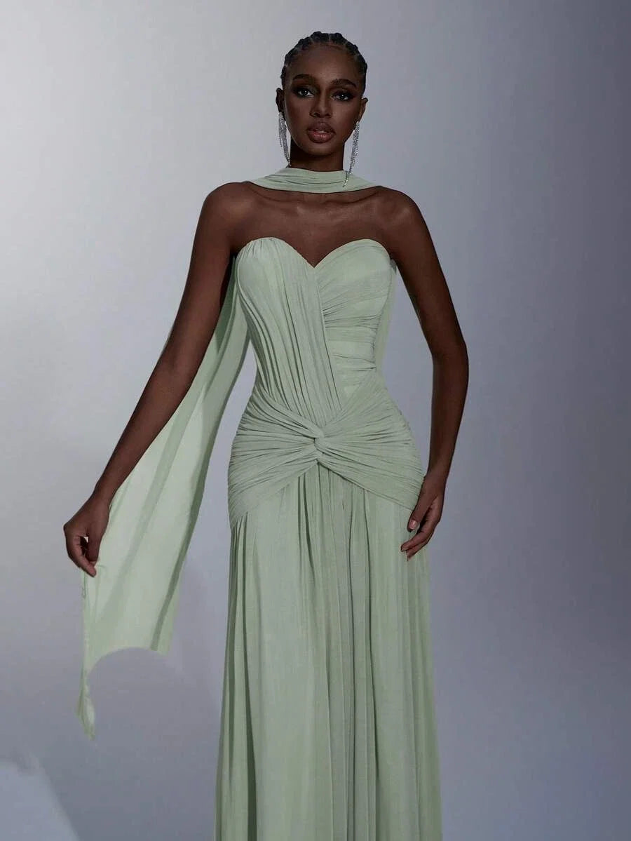 Sage Green A-Line Sweetheart Ruched Floor-Length Prom Dress With Scarf
