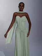 Sage Green A-Line Sweetheart Ruched Floor-Length Prom Dress With Scarf