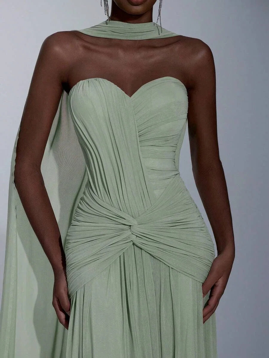 Sage Green A-Line Sweetheart Ruched Floor-Length Prom Dress With Scarf
