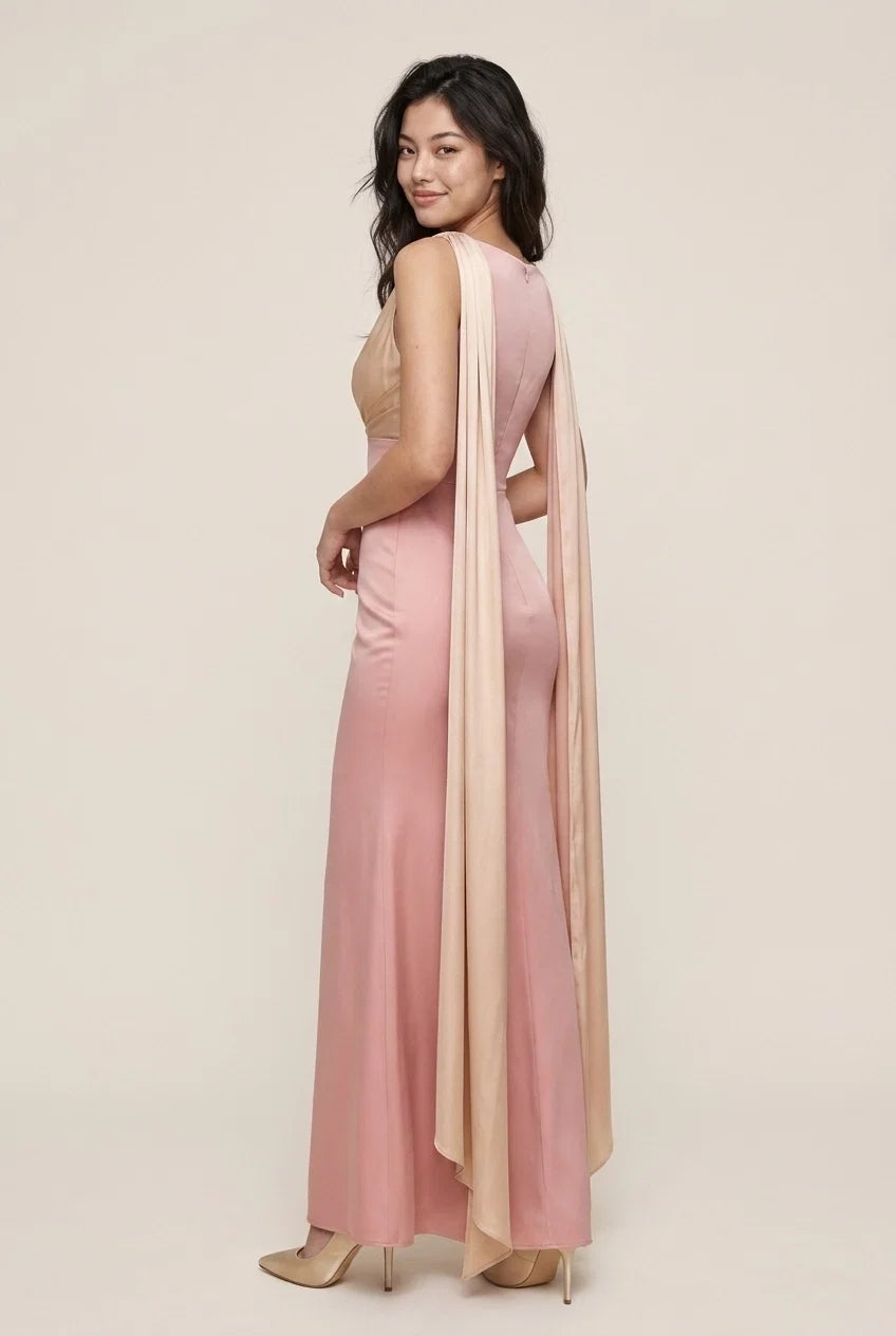 Mermaid V-Neck Draped Two-Tone Blush Champagne Floor-Length Prom Dress