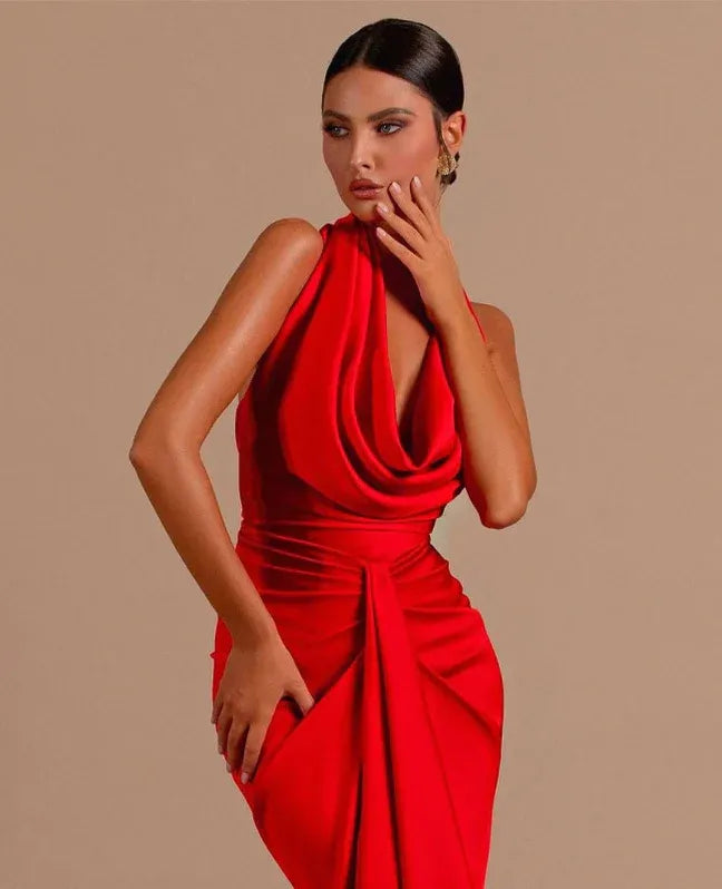 Mermaid Prom Dress Halter Draped Ruched Backless Satin Red Showstopper For Prom Night Teens