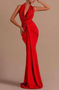 Mermaid Prom Dress Halter Draped Ruched Backless Satin Red Showstopper For Prom Night Teens