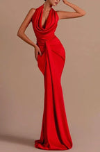 Mermaid Prom Dress Halter Draped Ruched Backless Satin Red Showstopper For Prom Night Teens