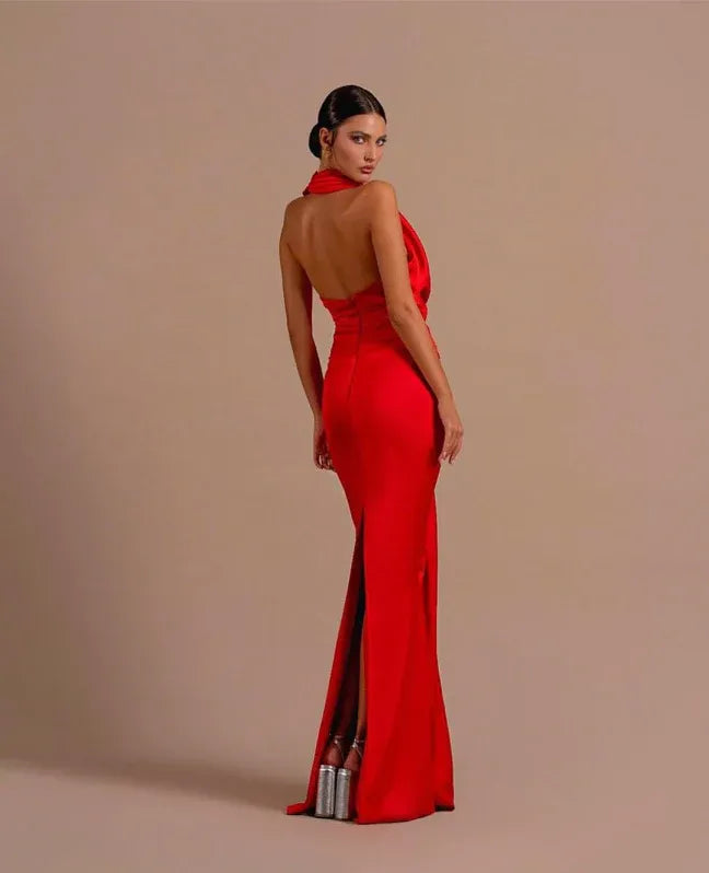 Mermaid Prom Dress Halter Draped Ruched Backless Satin Red Showstopper For Prom Night Teens