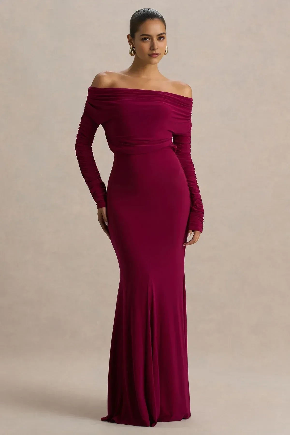 Sultry Mermaid Off Shoulder Ruched Sleeve Cowl Back Floor Length Evening Dress
