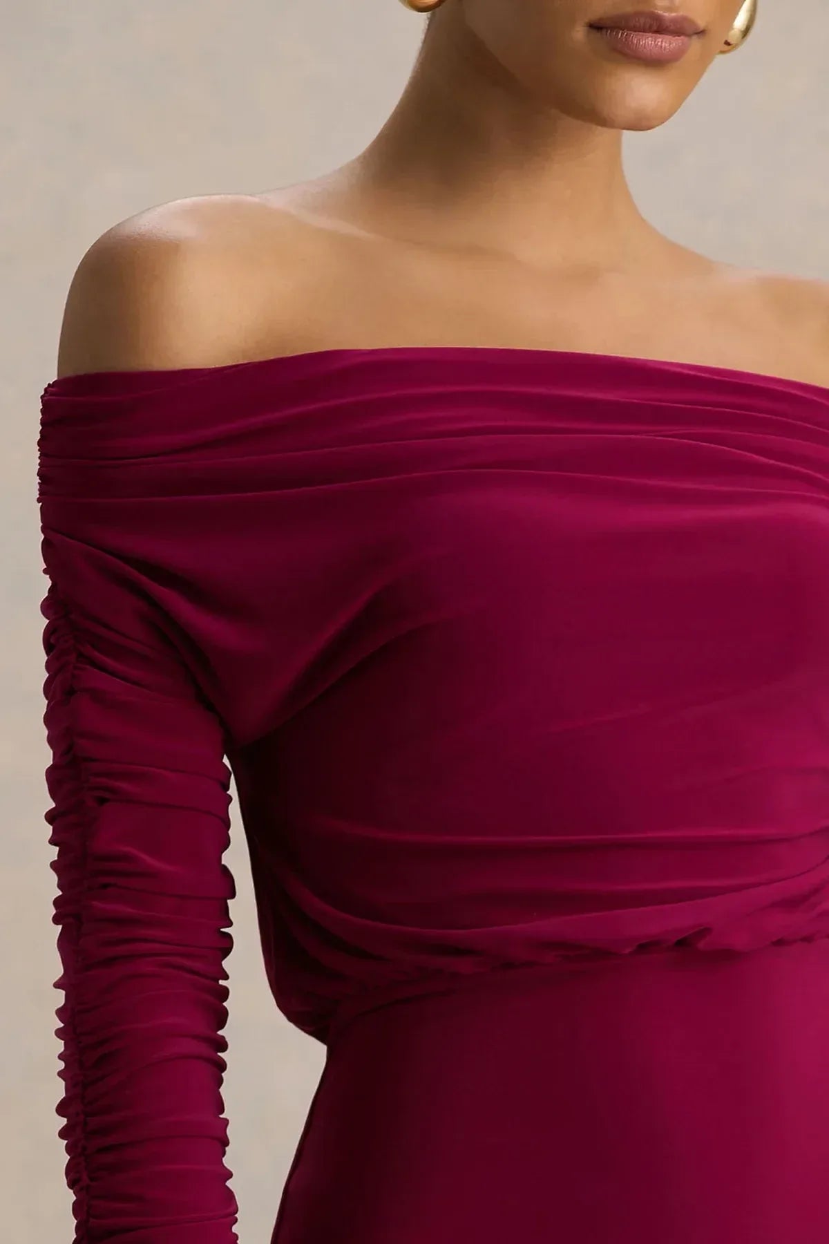 Sultry Mermaid Off Shoulder Ruched Sleeve Cowl Back Floor Length Evening Dress