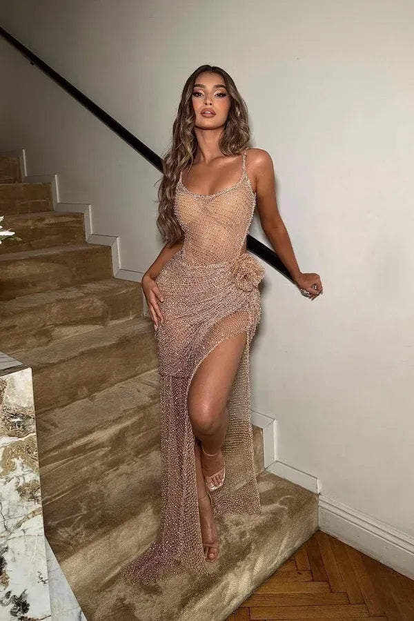 Sultry Spaghetti Strap Beaded Maxi Dress with Open Back High Slit & 3D Flower